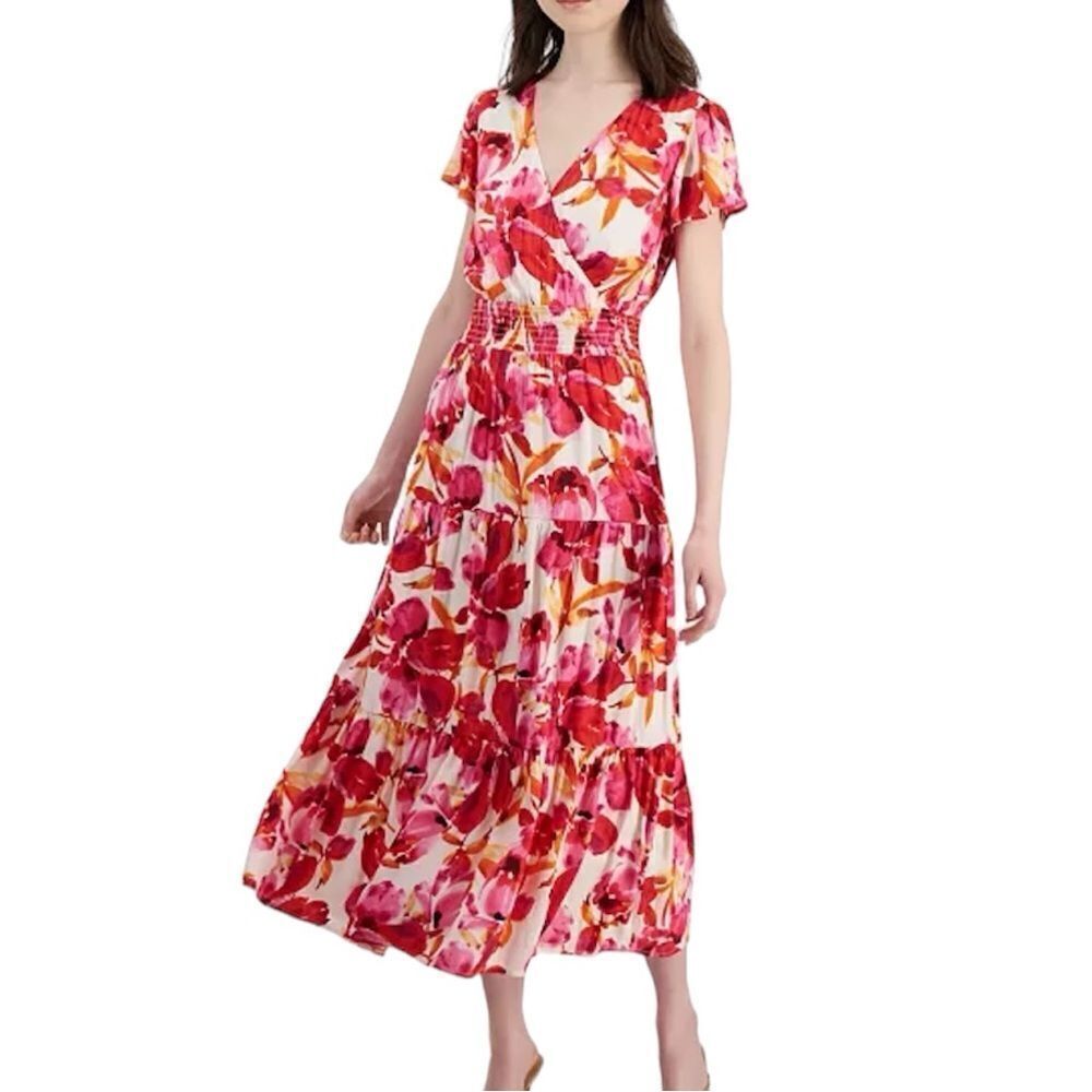 Tinsel Pink Floral Splash Maxi Dress Short Sleeve Elasticized Waist New Size 12P